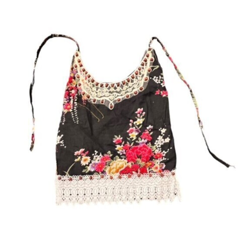 Beaded Crochet Trim Patterned Halter Tank Top Black Red Floral XS S BOHO‎ Hippie